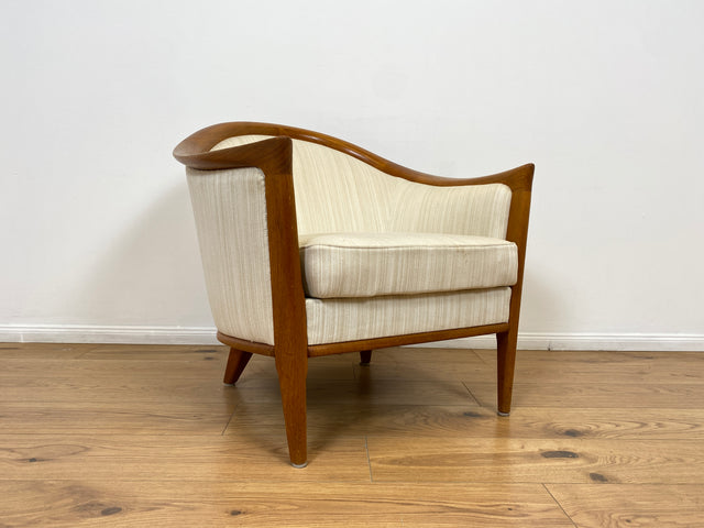 WMK Sehr eleganter und gut erhaltener skandinavisches Mid-Century Sessel mit edlem Holzrahmen aus Teak & weißem Originalbezug # Salonsessel Stuhl Lesesessel Sitzgarnitur Danish Design Vintage Teakholz