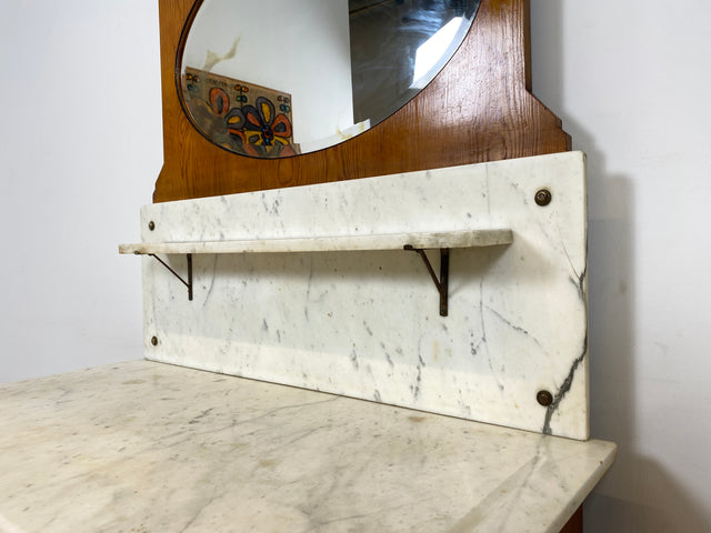 WMK Eindrucksvolle und geräumige antike Spiegelkommode aus vollem Eichenholz mit imposantem Spiegelaufsatz aus Marmor # Frisierkommode Schminktisch Schminkkommode Kommode Wäschekommode Vintage