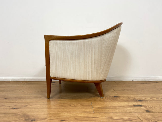 WMK Sehr eleganter und gut erhaltener skandinavisches Mid-Century Sessel mit edlem Holzrahmen aus Teak & weißem Originalbezug # Salonsessel Stuhl Lesesessel Sitzgarnitur Danish Design Vintage Teakholz