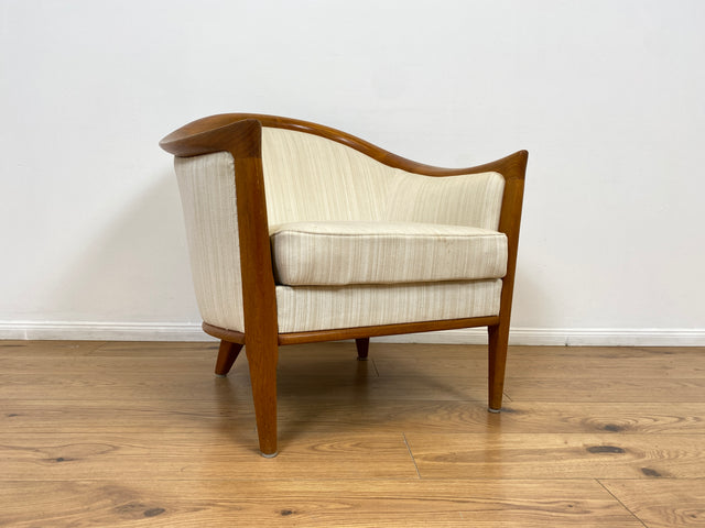 WMK Sehr eleganter und gut erhaltener skandinavisches Mid-Century Sessel mit edlem Holzrahmen aus Teak & weißem Originalbezug # Salonsessel Stuhl Lesesessel Sitzgarnitur Danish Design Vintage Teakholz