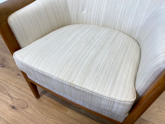 WMK Sehr eleganter und gut erhaltener skandinavisches Mid-Century Sessel mit edlem Holzrahmen aus Teak & weißem Originalbezug # Salonsessel Stuhl Lesesessel Sitzgarnitur Danish Design Vintage Teakholz