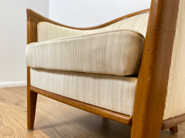 WMK Sehr eleganter und gut erhaltener skandinavisches Mid-Century Sessel mit edlem Holzrahmen aus Teak & weißem Originalbezug # Salonsessel Stuhl Lesesessel Sitzgarnitur Danish Design Vintage Teakholz