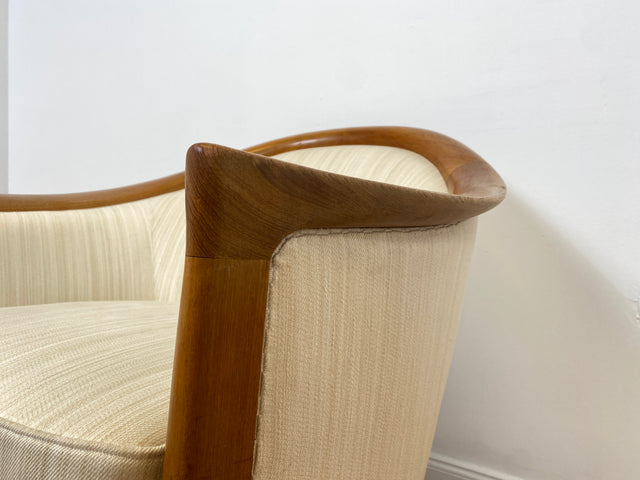 WMK Sehr eleganter und gut erhaltener skandinavisches Mid-Century Sessel mit edlem Holzrahmen aus Teak & weißem Originalbezug # Salonsessel Stuhl Lesesessel Sitzgarnitur Danish Design Vintage Teakholz