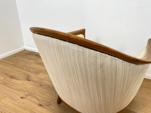 WMK Sehr eleganter und gut erhaltener skandinavisches Mid-Century Sessel mit edlem Holzrahmen aus Teak & weißem Originalbezug # Salonsessel Stuhl Lesesessel Sitzgarnitur Danish Design Vintage Teakholz