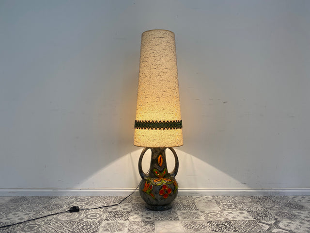 WMK Seltene große 70er Jahre Fat Lava Bodenlampe in sehr gutem Zustand mit original Stoffschirm und Henkeln - Stehlampe Lampe Stehleuchte Keramik Steingut Vintage Mid-Century 70er - Lieferung möglich