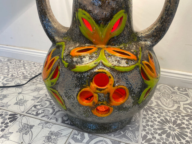 WMK Seltene große 70er Jahre Fat Lava Bodenlampe in sehr gutem Zustand mit original Stoffschirm und Henkeln - Stehlampe Lampe Stehleuchte Keramik Steingut Vintage Mid-Century 70er - Lieferung möglich