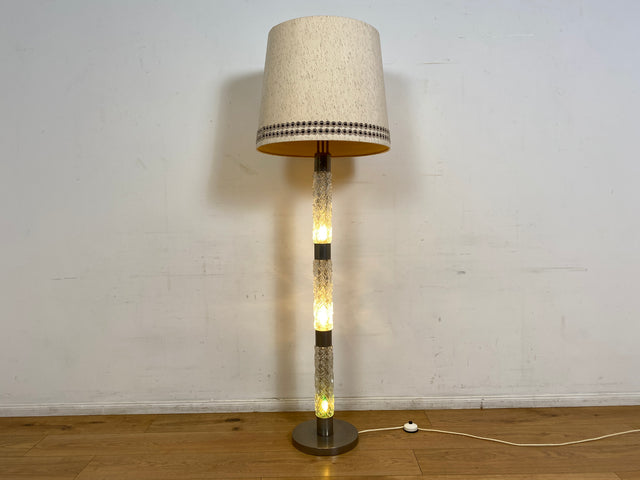 WMK I Sehr schöne Mid-Century Stehlampe mit original Lampenschirm und beleuchtetem Lampenfuß aus Glas und Chrom