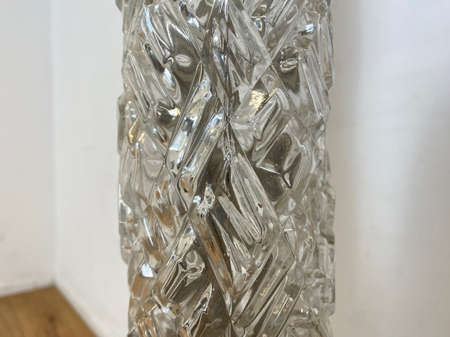 WMK I Sehr schöne Mid-Century Stehlampe mit original Lampenschirm und beleuchtetem Lampenfuß aus Glas und Chrom