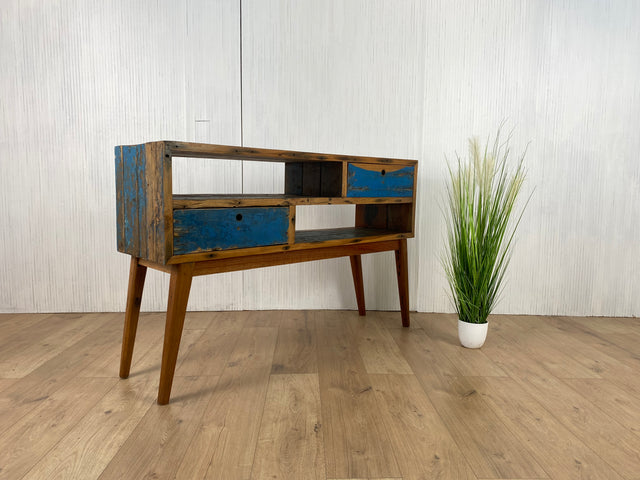 Boatwood by WMK # Besondere Konsole aus altem Bootsholz mit Schubladen, ein handgefertigtes Unikat aus massivem Teakholz # Kommode Sideboard Schrank Garderobe Ablage Flurkommode Industrial Upcycling