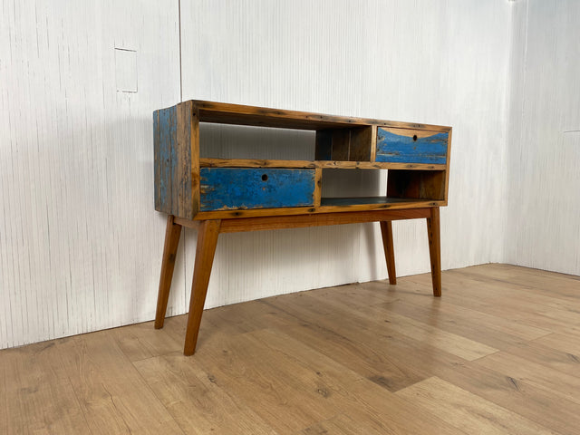 Boatwood by WMK # Besondere Konsole aus altem Bootsholz mit Schubladen, ein handgefertigtes Unikat aus massivem Teakholz # Kommode Sideboard Schrank Garderobe Ablage Flurkommode Industrial Upcycling