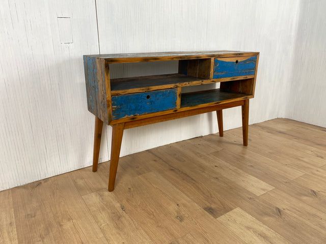 Boatwood by WMK # Besondere Konsole aus altem Bootsholz mit Schubladen, ein handgefertigtes Unikat aus massivem Teakholz # Kommode Sideboard Schrank Garderobe Ablage Flurkommode Industrial Upcycling