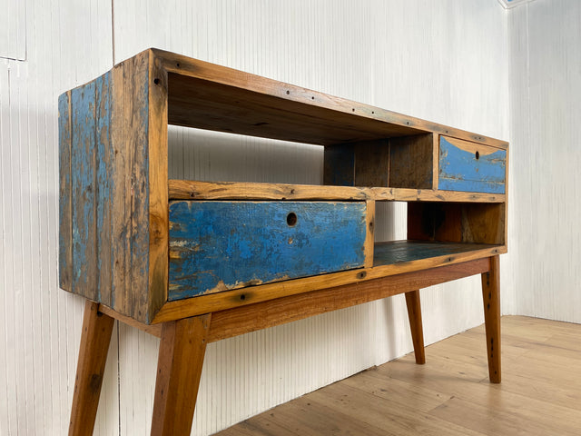 Boatwood by WMK # Besondere Konsole aus altem Bootsholz mit Schubladen, ein handgefertigtes Unikat aus massivem Teakholz # Kommode Sideboard Schrank Garderobe Ablage Flurkommode Industrial Upcycling