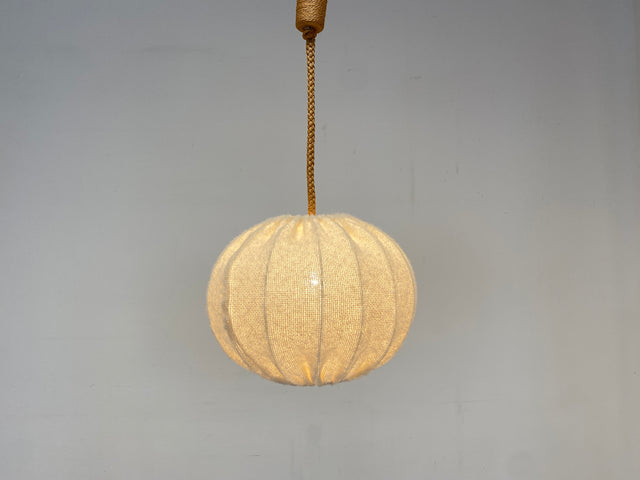 WMK Stilvolle und sehr gut erhaltene große Mid-Century Hängelampe mit Lampenschirm aus natürlichem Wollstoff & Tauwerk Kabelummantelung # Luster Hängeleuchte Deckenlampe Pendelleuchte Cocoon Vintage