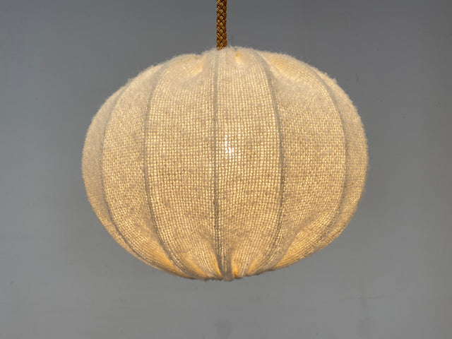 WMK Stilvolle und sehr gut erhaltene große Mid-Century Hängelampe mit Lampenschirm aus natürlichem Wollstoff & Tauwerk Kabelummantelung # Luster Hängeleuchte Deckenlampe Pendelleuchte Cocoon Vintage