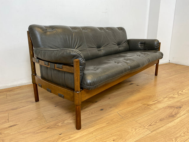 WMK I Hochwertiges 70er Jahre Sofa im Stile von Jean Gillon & Arne Norell mit Echt Leder Bezug & Holzrahmen aus Eiche I Couch Sitzgarnitur 3er 3-Sitzer Danish Design Skandinavisch Mid-Century Vintage