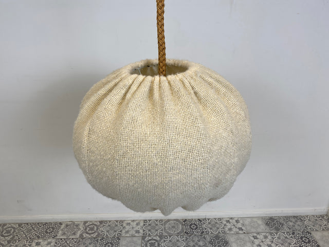 WMK Stilvolle und sehr gut erhaltene große Mid-Century Hängelampe mit Lampenschirm aus natürlichem Wollstoff & Tauwerk Kabelummantelung # Luster Hängeleuchte Deckenlampe Pendelleuchte Cocoon Vintage