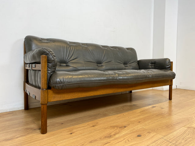 WMK I Hochwertiges 70er Jahre Sofa im Stile von Jean Gillon & Arne Norell mit Echt Leder Bezug & Holzrahmen aus Eiche I Couch Sitzgarnitur 3er 3-Sitzer Danish Design Skandinavisch Mid-Century Vintage