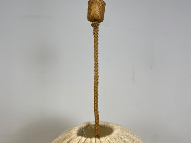 WMK Stilvolle und sehr gut erhaltene große Mid-Century Hängelampe mit Lampenschirm aus natürlichem Wollstoff & Tauwerk Kabelummantelung # Luster Hängeleuchte Deckenlampe Pendelleuchte Cocoon Vintage