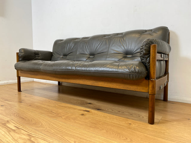 WMK I Hochwertiges 70er Jahre Sofa im Stile von Jean Gillon & Arne Norell mit Echt Leder Bezug & Holzrahmen aus Eiche I Couch Sitzgarnitur 3er 3-Sitzer Danish Design Skandinavisch Mid-Century Vintage