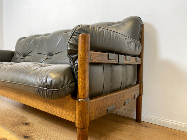 WMK I Hochwertiges 70er Jahre Sofa im Stile von Jean Gillon & Arne Norell mit Echt Leder Bezug & Holzrahmen aus Eiche I Couch Sitzgarnitur 3er 3-Sitzer Danish Design Skandinavisch Mid-Century Vintage