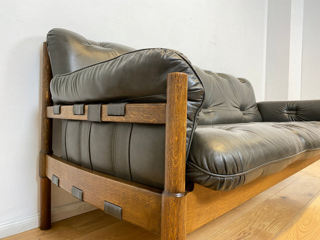 WMK I Hochwertiges 70er Jahre Sofa im Stile von Jean Gillon & Arne Norell mit Echt Leder Bezug & Holzrahmen aus Eiche I Couch Sitzgarnitur 3er 3-Sitzer Danish Design Skandinavisch Mid-Century Vintage