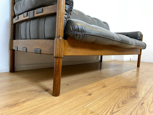 WMK I Hochwertiges 70er Jahre Sofa im Stile von Jean Gillon & Arne Norell mit Echt Leder Bezug & Holzrahmen aus Eiche I Couch Sitzgarnitur 3er 3-Sitzer Danish Design Skandinavisch Mid-Century Vintage