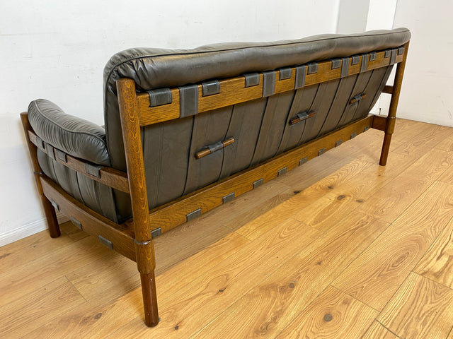 WMK I Hochwertiges 70er Jahre Sofa im Stile von Jean Gillon & Arne Norell mit Echt Leder Bezug & Holzrahmen aus Eiche I Couch Sitzgarnitur 3er 3-Sitzer Danish Design Skandinavisch Mid-Century Vintage