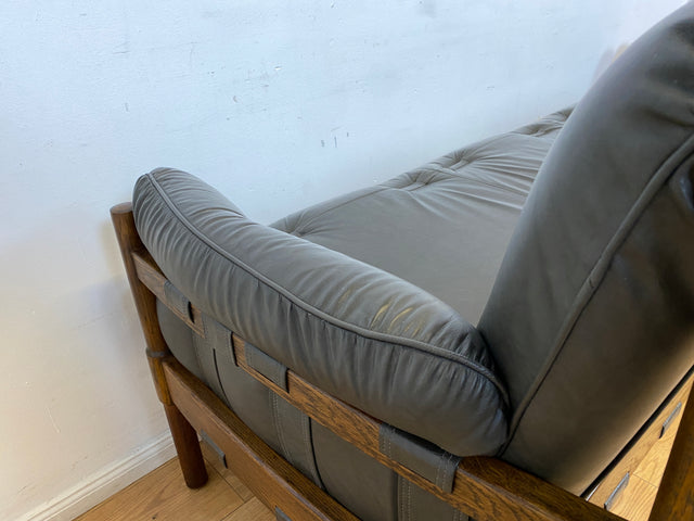 WMK I Hochwertiges 70er Jahre Sofa im Stile von Jean Gillon & Arne Norell mit Echt Leder Bezug & Holzrahmen aus Eiche I Couch Sitzgarnitur 3er 3-Sitzer Danish Design Skandinavisch Mid-Century Vintage