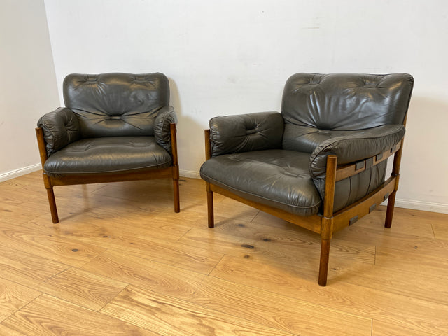 WMK I 1/2 Hochwertiger 70er Jahre Lounge Sessel im Stile von Jean Gillon & Arne Norell mit Echt Leder Bezug & Eichenholz Rahmen I Armchair Sitzgarnitur Danish Design Skandinavisch Mid-Century Vintage