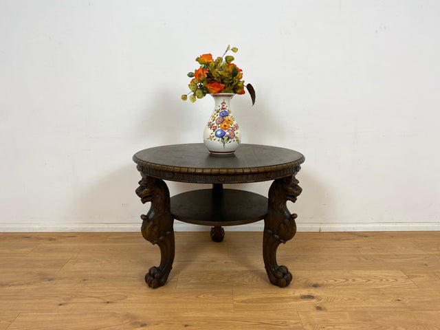 WMK Particularly beautiful and very well preserved round antique salon table made of solid wood with hand-carved lion heads and lion paws # Coffee table living room table coffee table Gründerzeit vintage