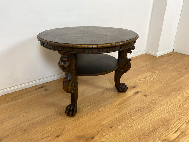 WMK Particularly beautiful and very well preserved round antique salon table made of solid wood with hand-carved lion heads and lion paws # Coffee table living room table coffee table Gründerzeit vintage