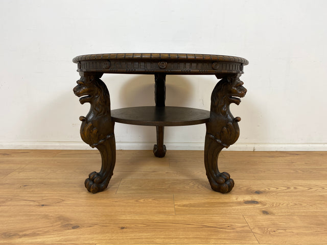 WMK Particularly beautiful and very well preserved round antique salon table made of solid wood with hand-carved lion heads and lion paws # Coffee table living room table coffee table Gründerzeit vintage