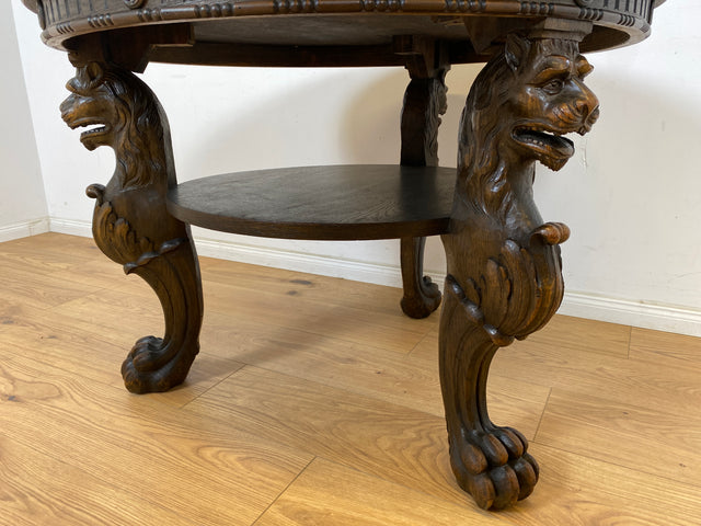 WMK Particularly beautiful and very well preserved round antique salon table made of solid wood with hand-carved lion heads and lion paws # Coffee table living room table coffee table Gründerzeit vintage