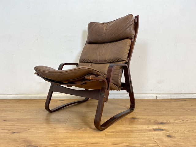WMK Stilvoller & sehr bequemer norwegischer 70er Jahre Sessel in braunem Echtleder & Bugholz Rahmen # Ledersessel Lesesessel Relaxsessel Freischwinger Skandinavisches Design Mid-Century Vintage Leder
