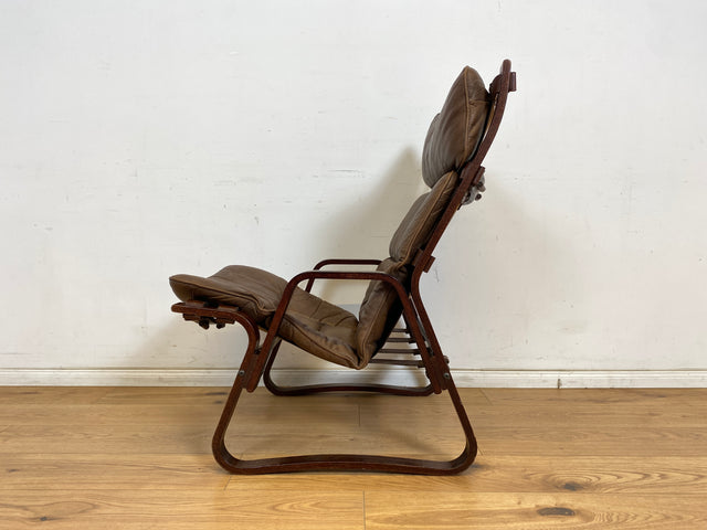 WMK Stilvoller & sehr bequemer norwegischer 70er Jahre Sessel in braunem Echtleder & Bugholz Rahmen # Ledersessel Lesesessel Relaxsessel Freischwinger Skandinavisches Design Mid-Century Vintage Leder