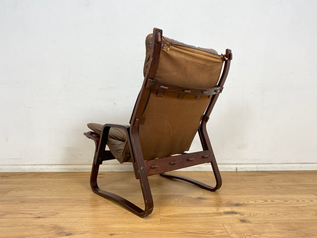 WMK Stilvoller & sehr bequemer norwegischer 70er Jahre Sessel in braunem Echtleder & Bugholz Rahmen # Ledersessel Lesesessel Relaxsessel Freischwinger Skandinavisches Design Mid-Century Vintage Leder