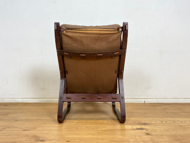 WMK Stilvoller & sehr bequemer norwegischer 70er Jahre Sessel in braunem Echtleder & Bugholz Rahmen # Ledersessel Lesesessel Relaxsessel Freischwinger Skandinavisches Design Mid-Century Vintage Leder