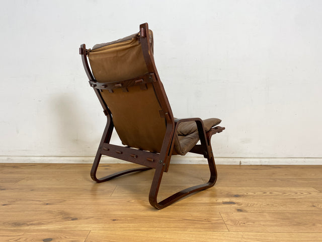 WMK Stilvoller & sehr bequemer norwegischer 70er Jahre Sessel in braunem Echtleder & Bugholz Rahmen # Ledersessel Lesesessel Relaxsessel Freischwinger Skandinavisches Design Mid-Century Vintage Leder