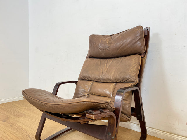 WMK Stilvoller & sehr bequemer norwegischer 70er Jahre Sessel in braunem Echtleder & Bugholz Rahmen # Ledersessel Lesesessel Relaxsessel Freischwinger Skandinavisches Design Mid-Century Vintage Leder