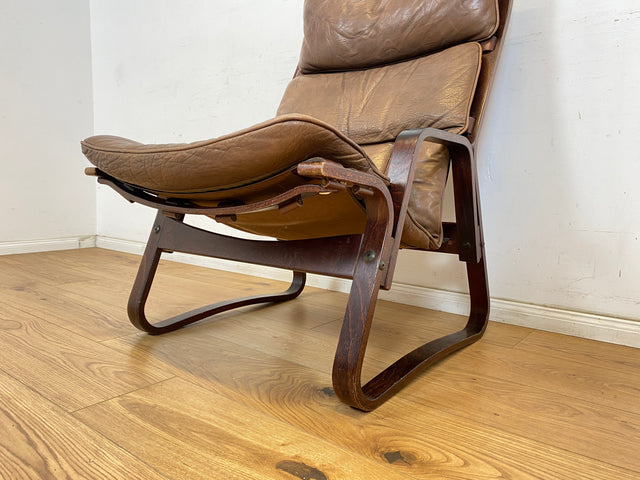 WMK Stilvoller & sehr bequemer norwegischer 70er Jahre Sessel in braunem Echtleder & Bugholz Rahmen # Ledersessel Lesesessel Relaxsessel Freischwinger Skandinavisches Design Mid-Century Vintage Leder