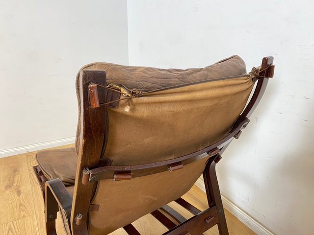 WMK Stilvoller & sehr bequemer norwegischer 70er Jahre Sessel in braunem Echtleder & Bugholz Rahmen # Ledersessel Lesesessel Relaxsessel Freischwinger Skandinavisches Design Mid-Century Vintage Leder