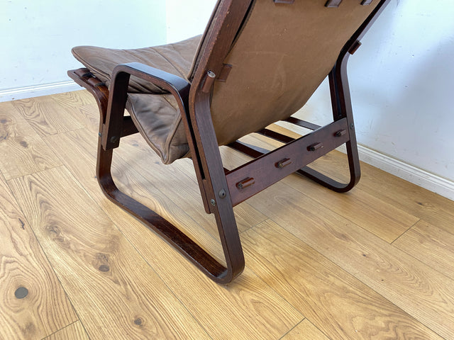 WMK Stilvoller & sehr bequemer norwegischer 70er Jahre Sessel in braunem Echtleder & Bugholz Rahmen # Ledersessel Lesesessel Relaxsessel Freischwinger Skandinavisches Design Mid-Century Vintage Leder