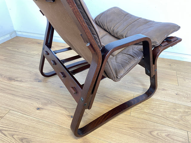WMK Stilvoller & sehr bequemer norwegischer 70er Jahre Sessel in braunem Echtleder & Bugholz Rahmen # Ledersessel Lesesessel Relaxsessel Freischwinger Skandinavisches Design Mid-Century Vintage Leder