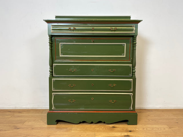 WMK I Imposanter grüner antiker Schreibschrank aus vollem Holz mit stabiler Schreibklappe und Schubladen I Sekretär Schrank Highboard Desk Kommode Wäsche Bauern Gründerzeit Vintage Berlin Dresden Ulm