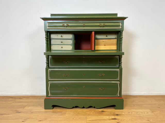 WMK I Imposanter grüner antiker Schreibschrank aus vollem Holz mit stabiler Schreibklappe und Schubladen I Sekretär Schrank Highboard Desk Kommode Wäsche Bauern Gründerzeit Vintage Berlin Dresden Ulm