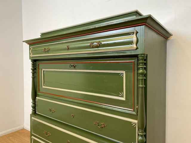 WMK I Imposanter grüner antiker Schreibschrank aus vollem Holz mit stabiler Schreibklappe und Schubladen I Sekretär Schrank Highboard Desk Kommode Wäsche Bauern Gründerzeit Vintage Berlin Dresden Ulm