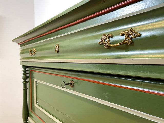 WMK I Imposanter grüner antiker Schreibschrank aus vollem Holz mit stabiler Schreibklappe und Schubladen I Sekretär Schrank Highboard Desk Kommode Wäsche Bauern Gründerzeit Vintage Berlin Dresden Ulm