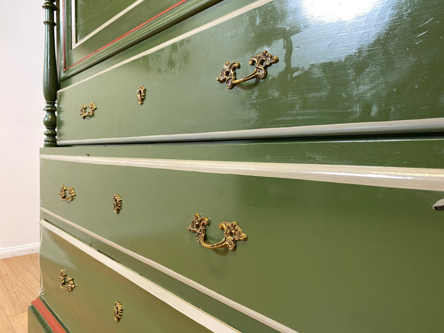 WMK I Imposanter grüner antiker Schreibschrank aus vollem Holz mit stabiler Schreibklappe und Schubladen I Sekretär Schrank Highboard Desk Kommode Wäsche Bauern Gründerzeit Vintage Berlin Dresden Ulm