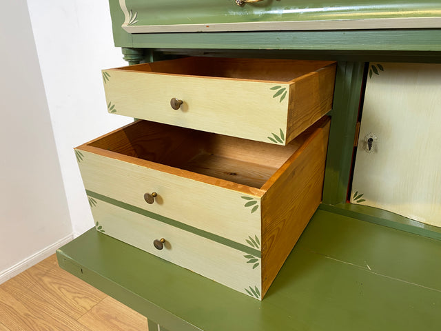 WMK I Imposanter grüner antiker Schreibschrank aus vollem Holz mit stabiler Schreibklappe und Schubladen I Sekretär Schrank Highboard Desk Kommode Wäsche Bauern Gründerzeit Vintage Berlin Dresden Ulm