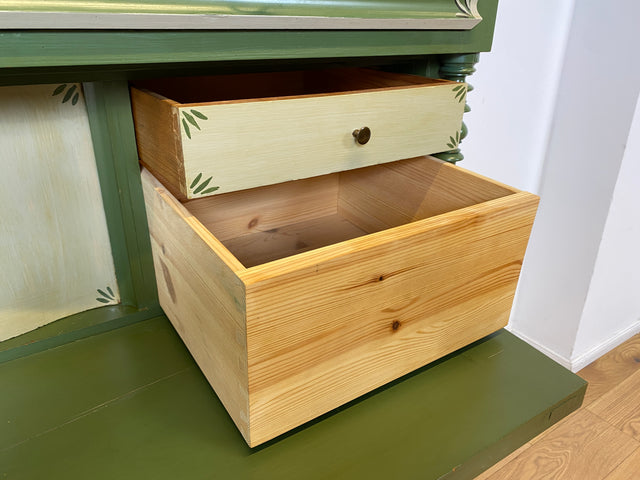 WMK I Imposanter grüner antiker Schreibschrank aus vollem Holz mit stabiler Schreibklappe und Schubladen I Sekretär Schrank Highboard Desk Kommode Wäsche Bauern Gründerzeit Vintage Berlin Dresden Ulm